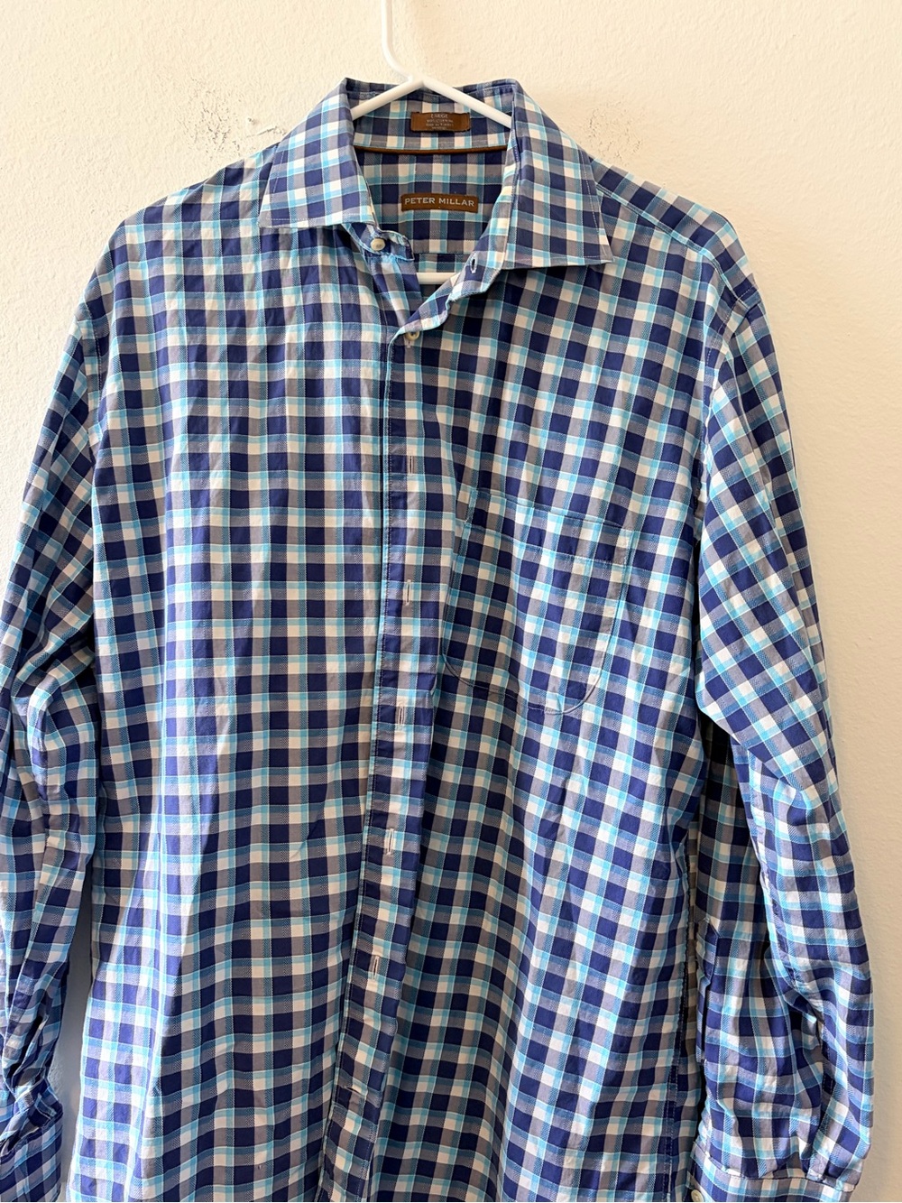 Peter Millar Men's Navy and Light Blue Checked Button-Down Shirt